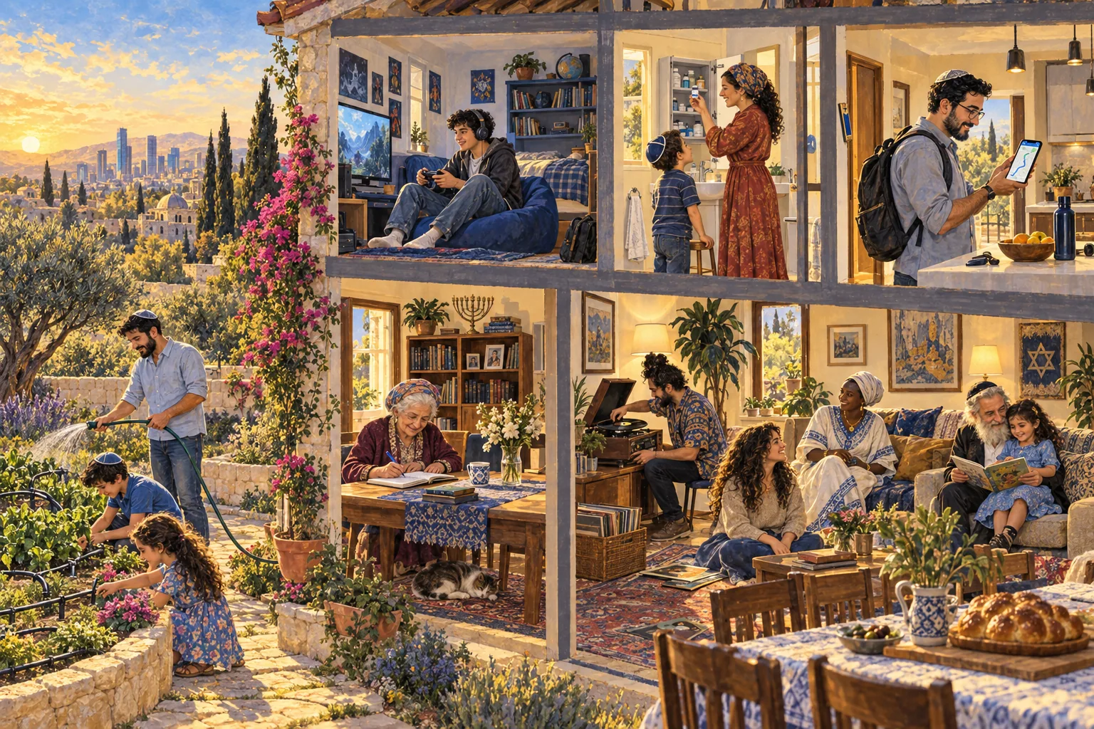 Illustrated cutaway of a family home with people in every room